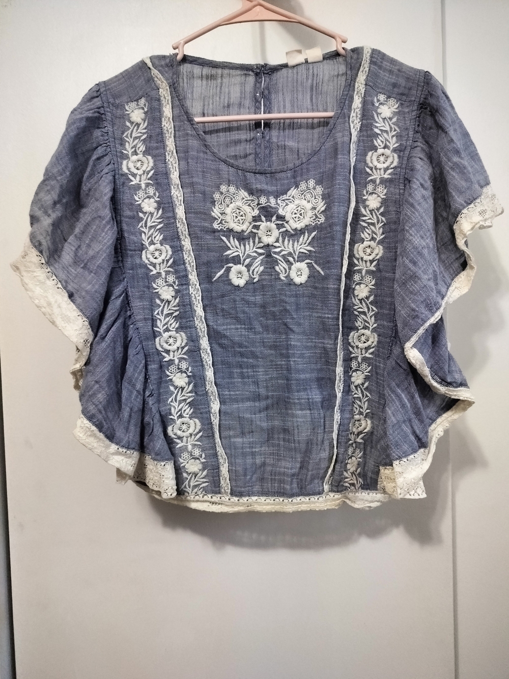 Melrose and Market Blue Embroidered Peasant Blouse with Cream Lace